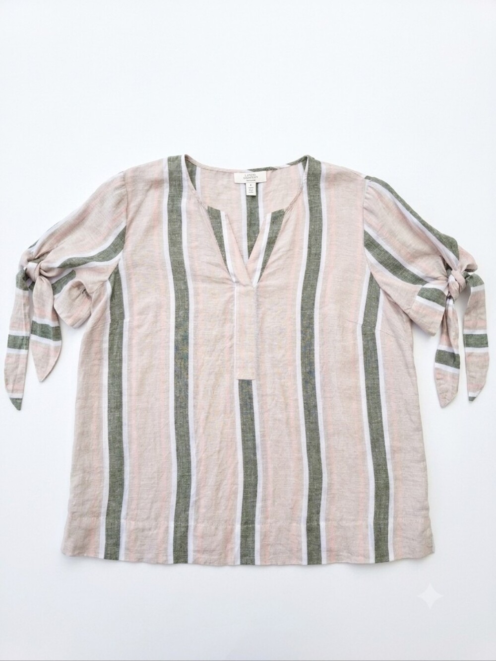 Charter Club Luxury 100% Linen Striped V‑Neck Blouse Top Size M